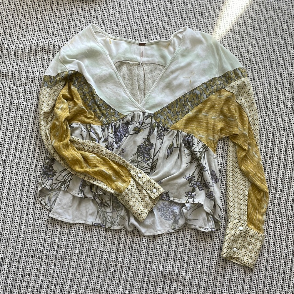 Free People Floral Long Sleeve Top -High low peplum purple, yellow, green, white